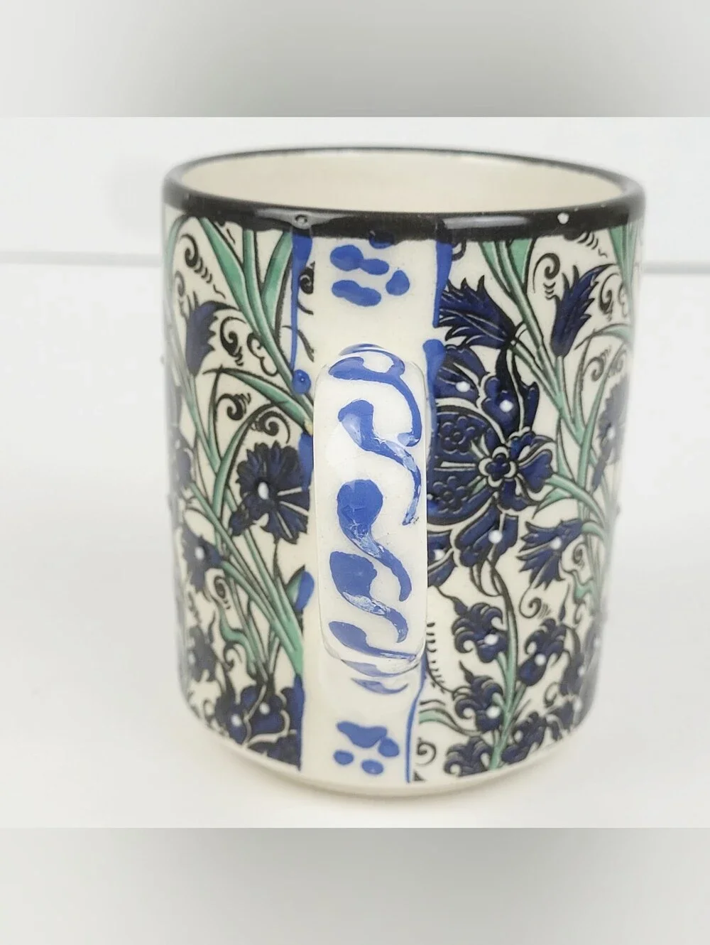 Nakkas Ceramic Hand Painted Mug~Iznik Style Turkey~Blue Green Floral~Set of 2
